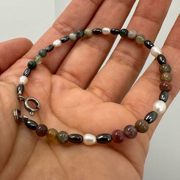 Multicolor Natural Gemstones Bead Onyx, Pearl Bracelet Size 7.5 - Picture 5 of 6